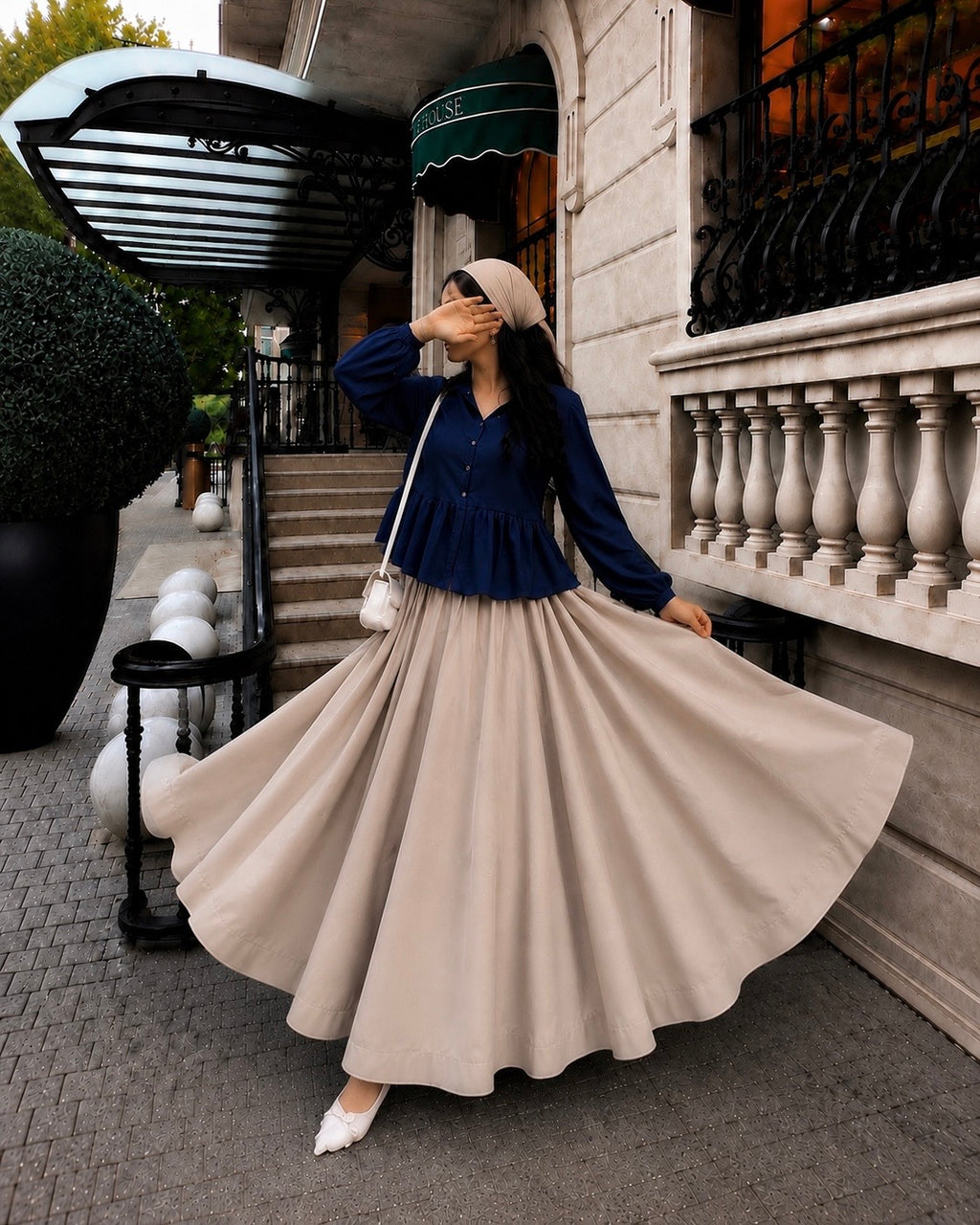 Midnight Grace – Navy Peplum Shirt with Flowing Beige Maxi Skirt