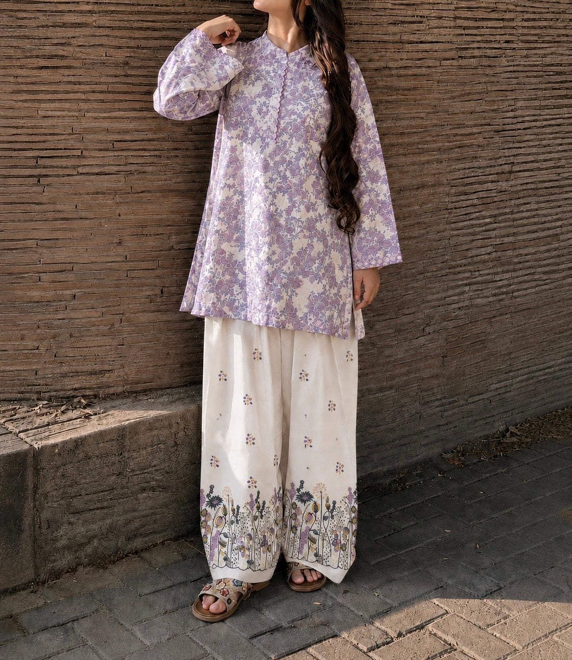 Lavender Bloom Printed Co-Ord Set – Premium Lawn Shirt & Wide-Leg Trouser