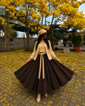 Butter Bloom Co-Ord Set | Butter Yellow Top Inner & Chocolate Brown Flared Skirt