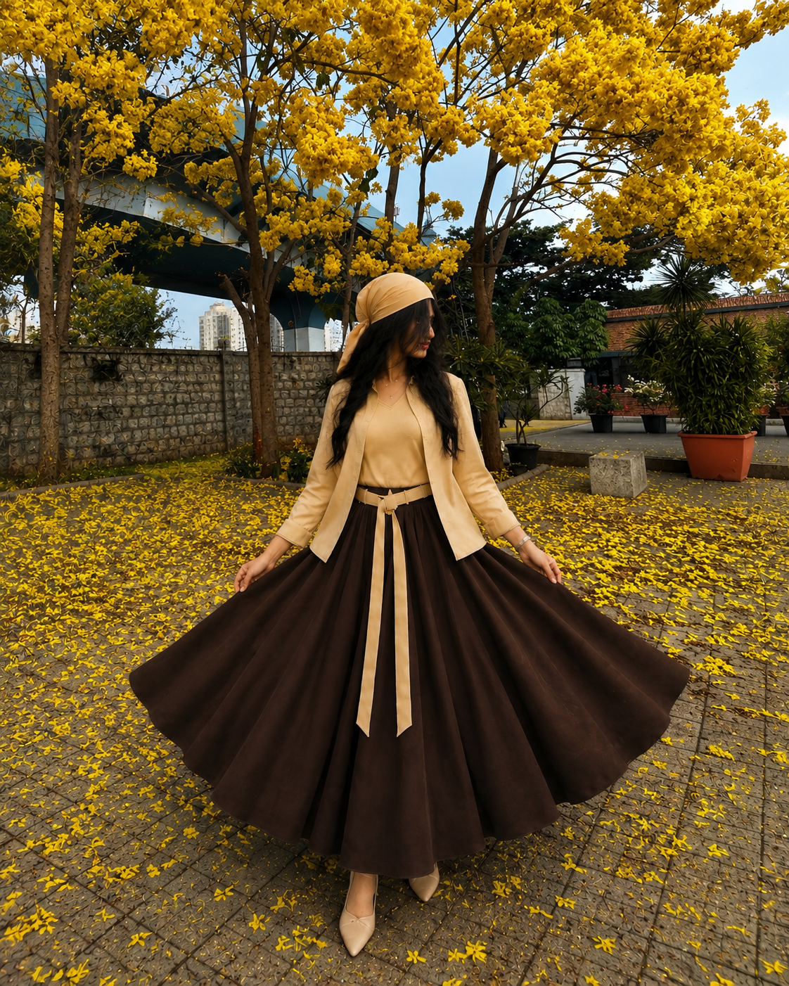 Butter Bloom Co-Ord Set | Butter Yellow Top Inner & Chocolate Brown Flared Skirt