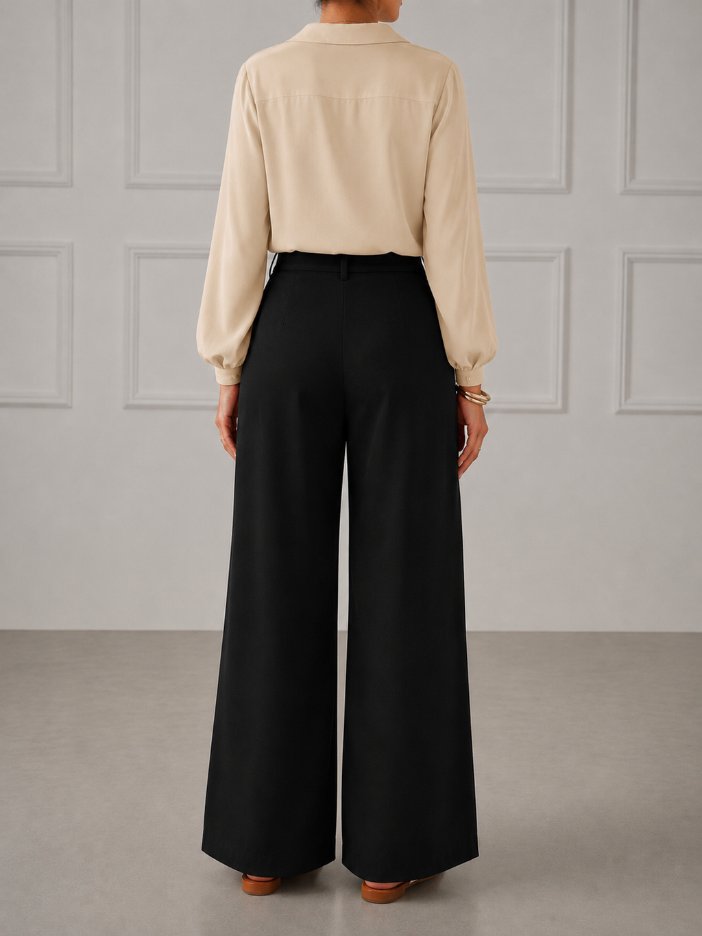 Elegant Beige Button-Down Blouse with Black Wide-Leg Trousers Co-Ord Set