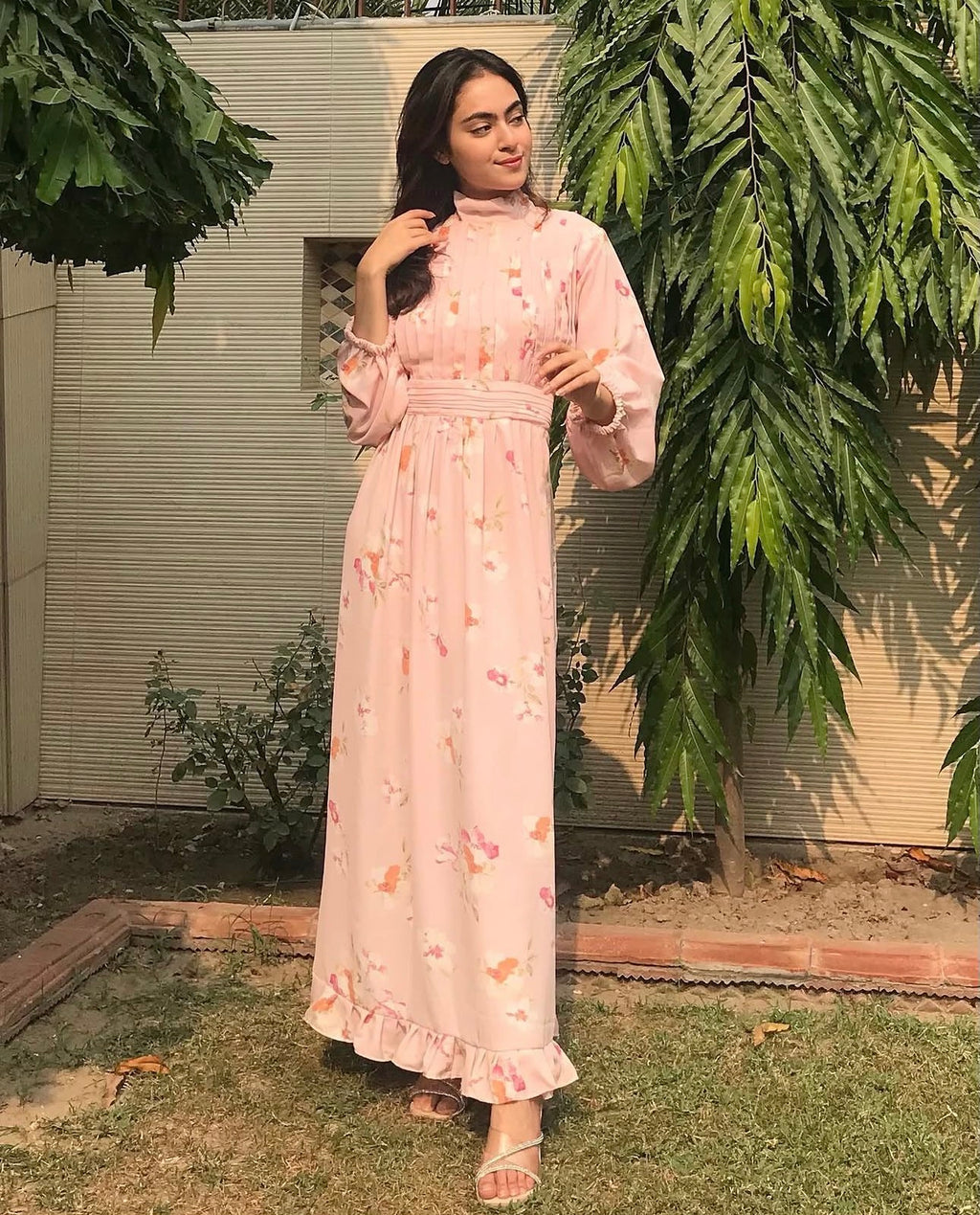 Blush Bloom Pleated Maxi Dress