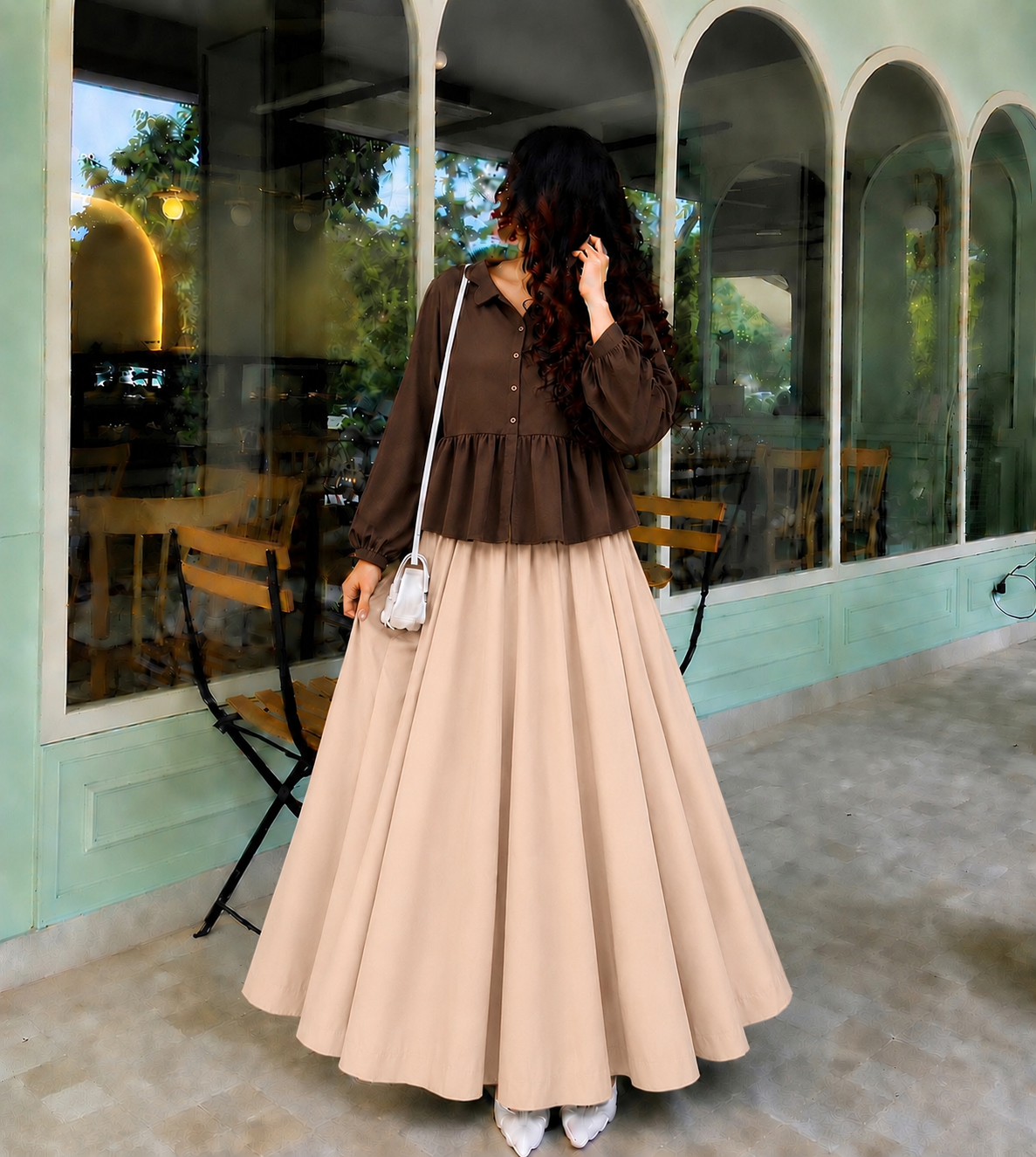 Mocha Grace Co-Ord Set – Chocolate Brown Peplum Shirt with Beige Flared Skirt