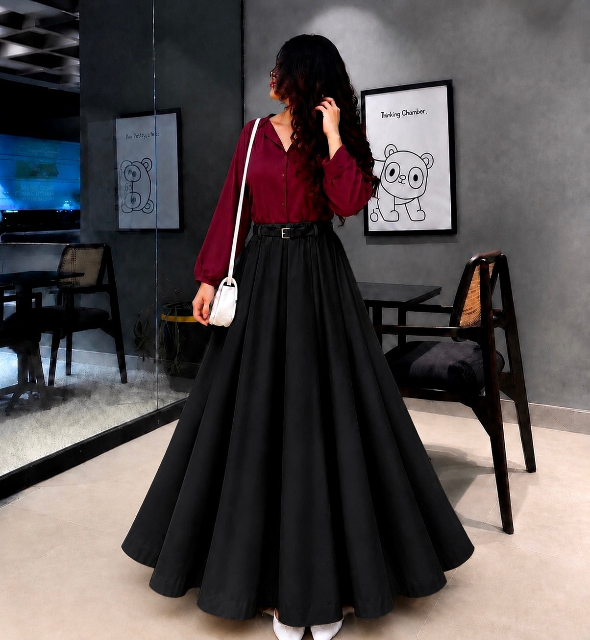 Burgundy Grace Shirt with Black Flared Maxi Skirt