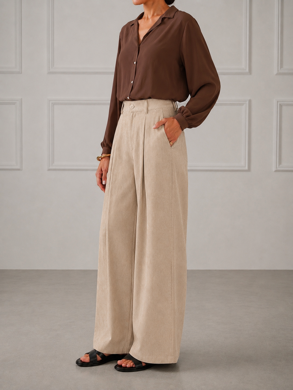 Mocha Brown Shirt with Beige Wide-Leg Trousers Co-Ord Set