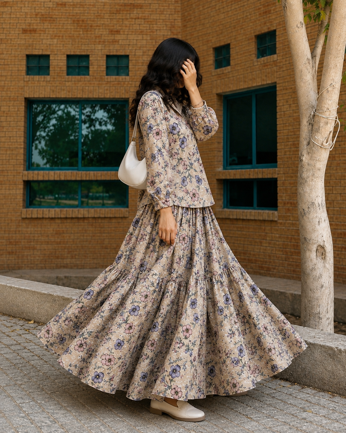 Blush Bloom Floral Co-Ord Set – Beige Tiered Maxi Skirt & Shirt