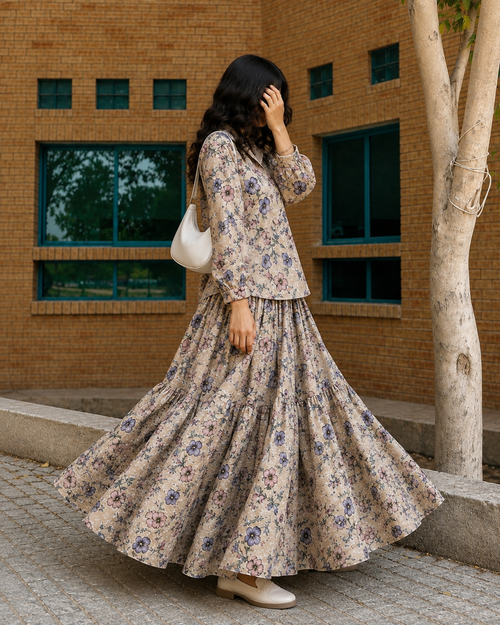 Blush Bloom Floral Co-Ord Set – Beige Tiered Maxi Skirt & Shirt