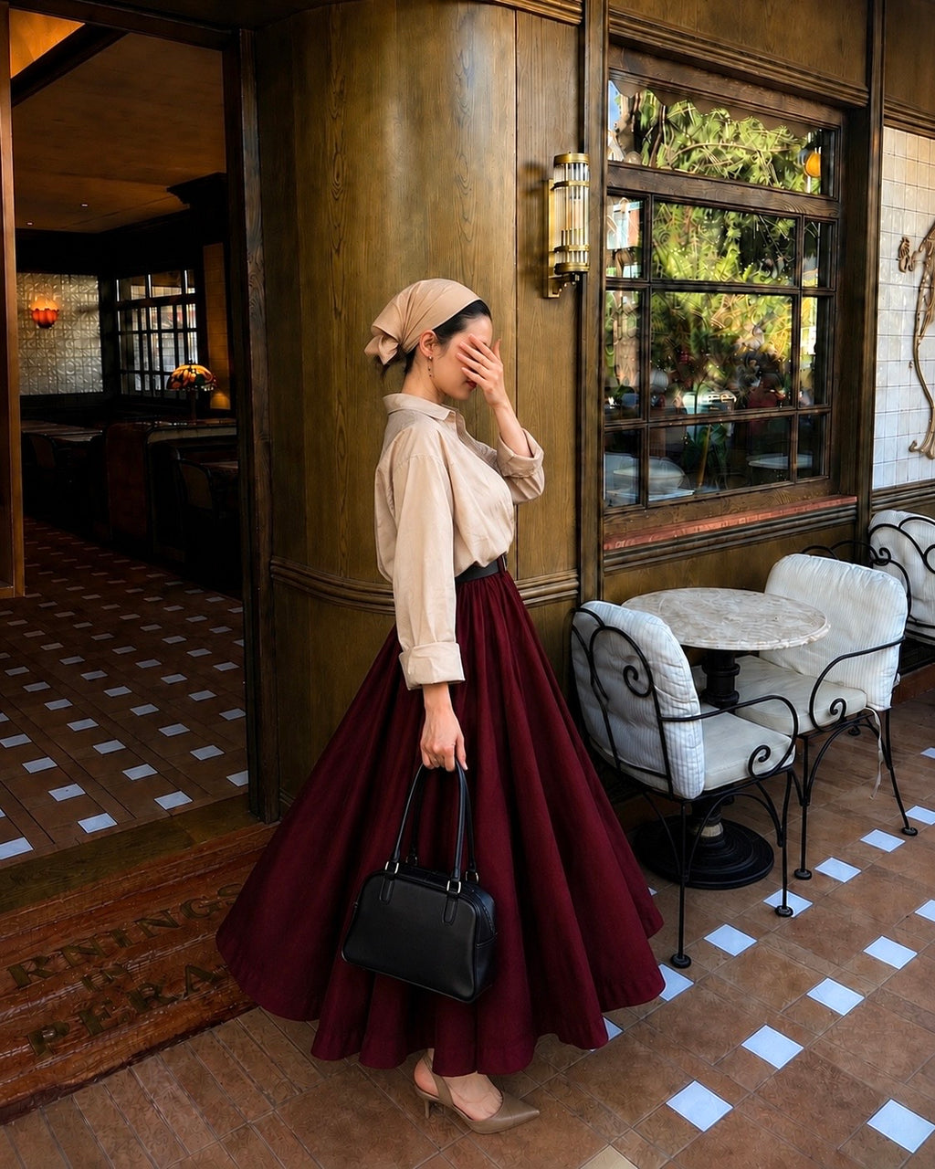 Maroon Flare Skirt with Beige Oversized Shirt Co-Ord Set