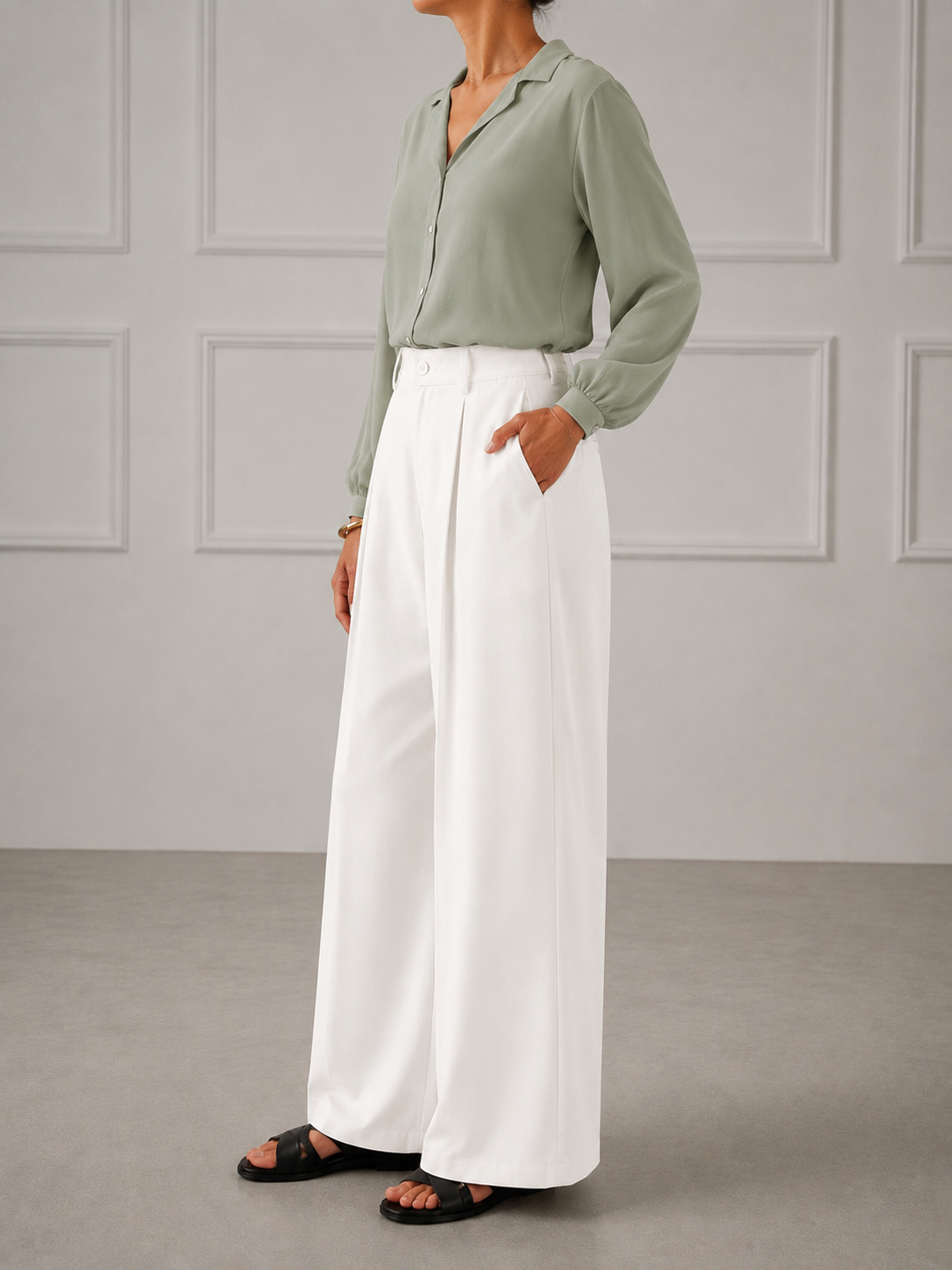 Sage Green Button-Down Shirt with White Wide-Leg Trousers Co-Ord Set