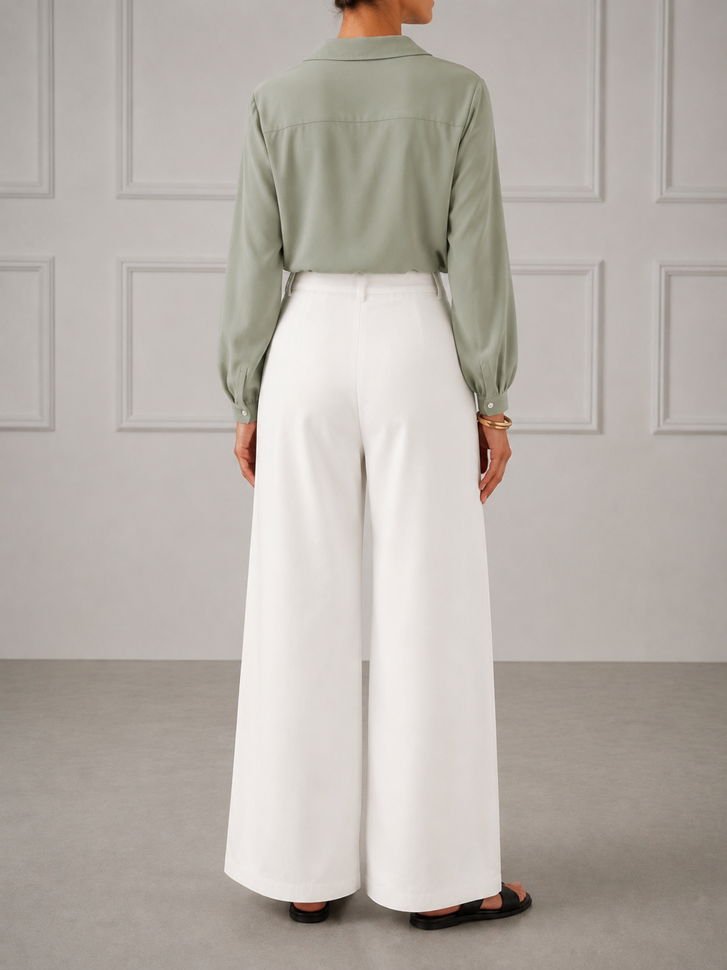 Sage Green Button-Down Shirt with White Wide-Leg Trousers Co-Ord Set