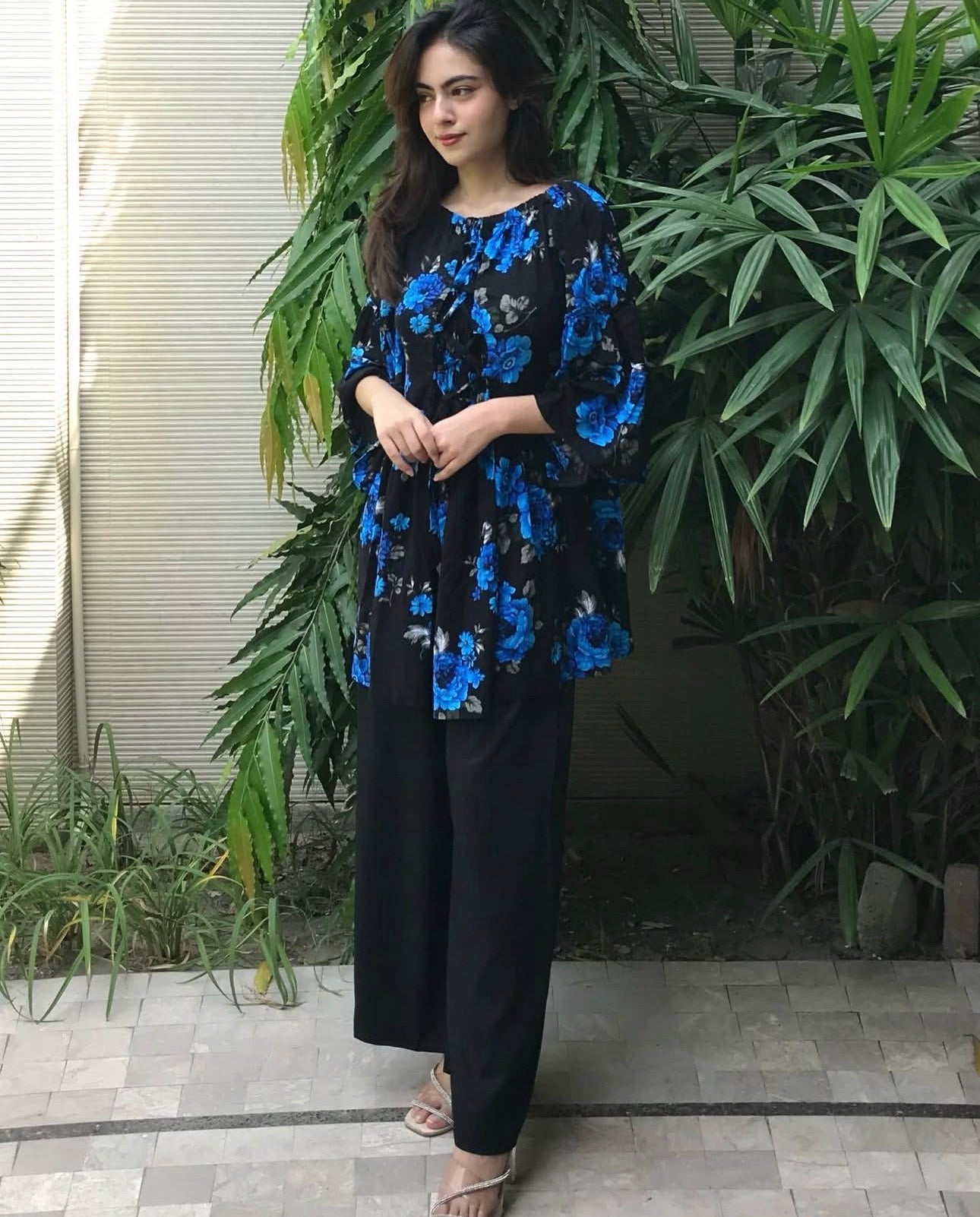 Midnight Bloom Blue Floral Top with Flared Sleeves
