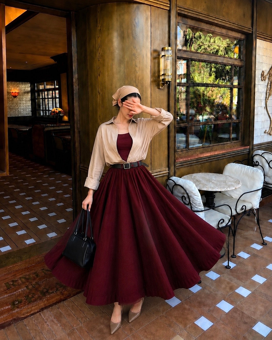 Maroon Flare Skirt with Beige Oversized Shirt Co-Ord Set
