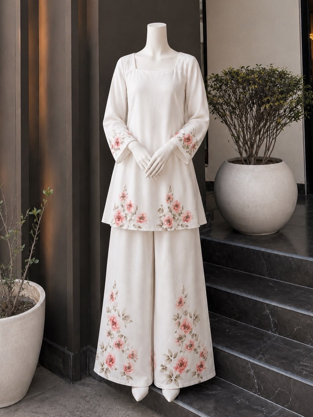 Ivory Rose Bloom Co-Ord Set – Floral Printed Shirt & Wide-Leg Trouser