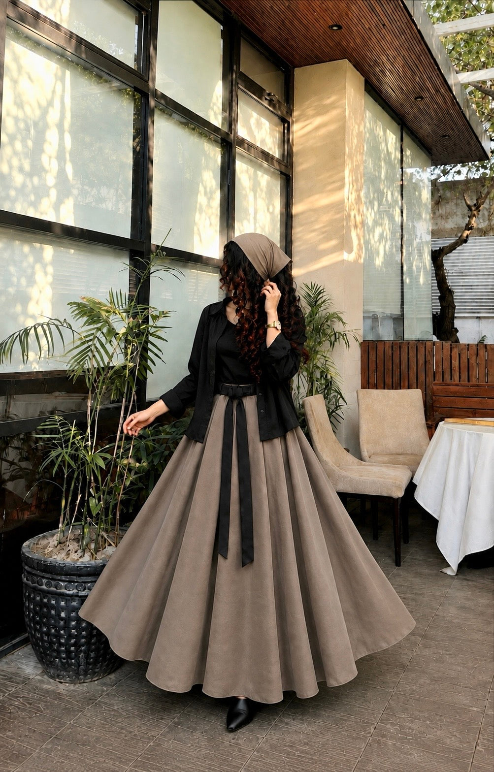 Taupe-Black Skirt& Shirt Co-Ord Set-