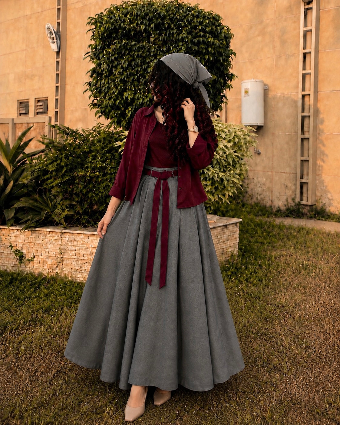 Maroon Grey Skirt &Shirt Co-Ord Set-