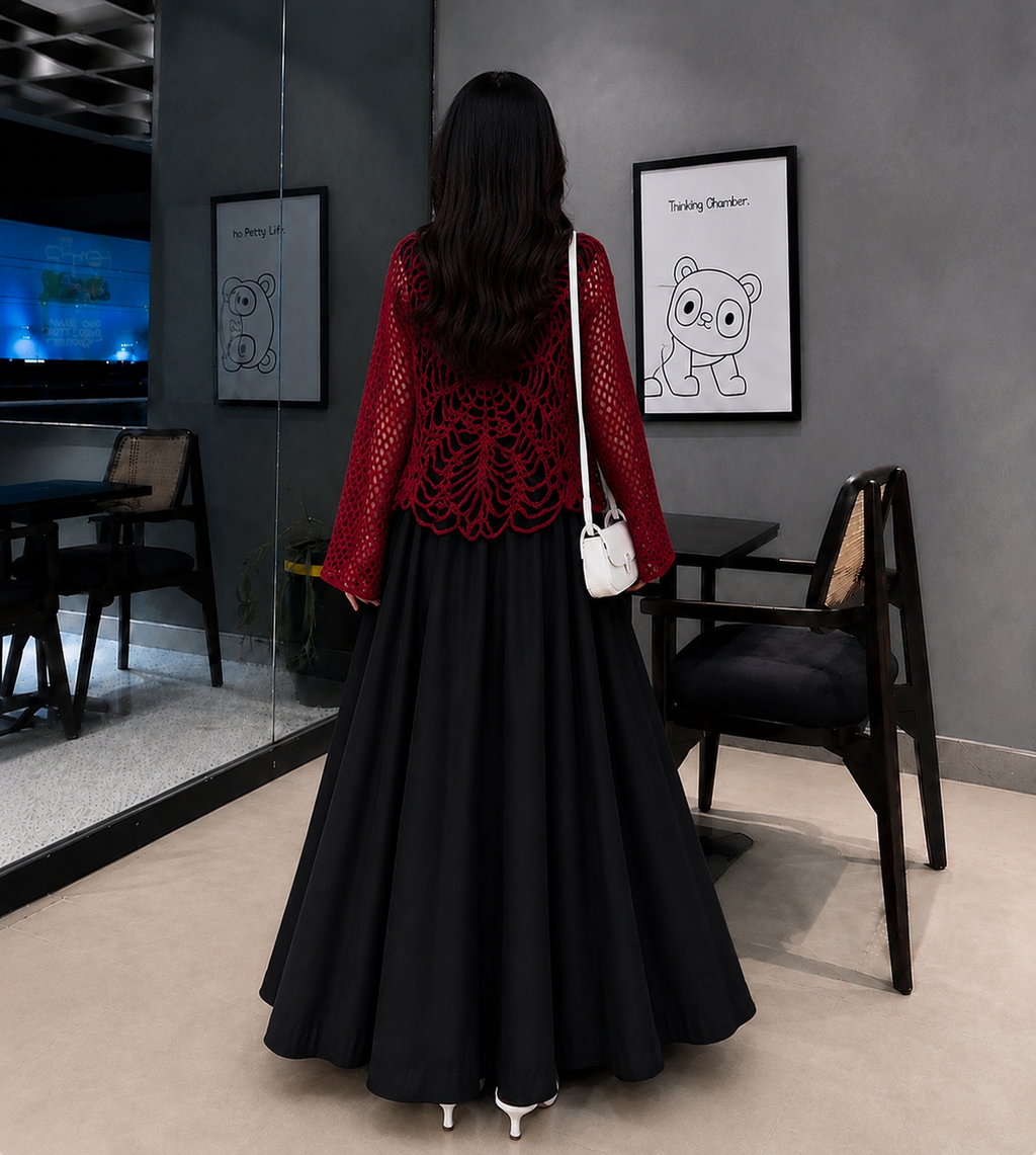 3-Piece Midnight Elegance Set – Handmade Crochet Overlay Top, Premium Black Shirt & Flared Maxi Skirt