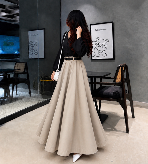 Elegant Beige Flared Maxi Skirt with Black shirt