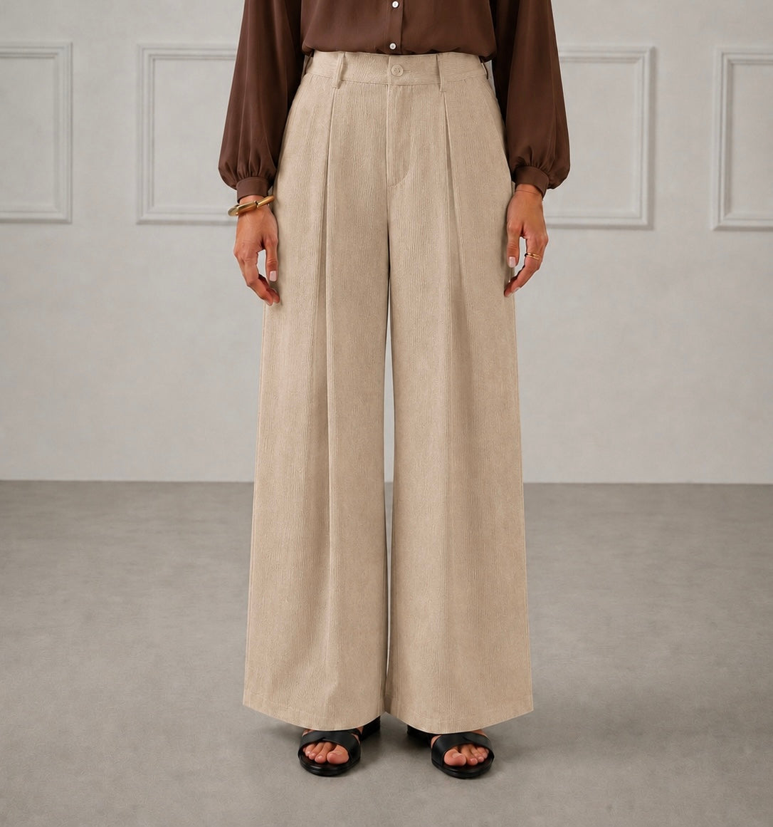 Elegant Beige Pleated Wide-Leg Trousers