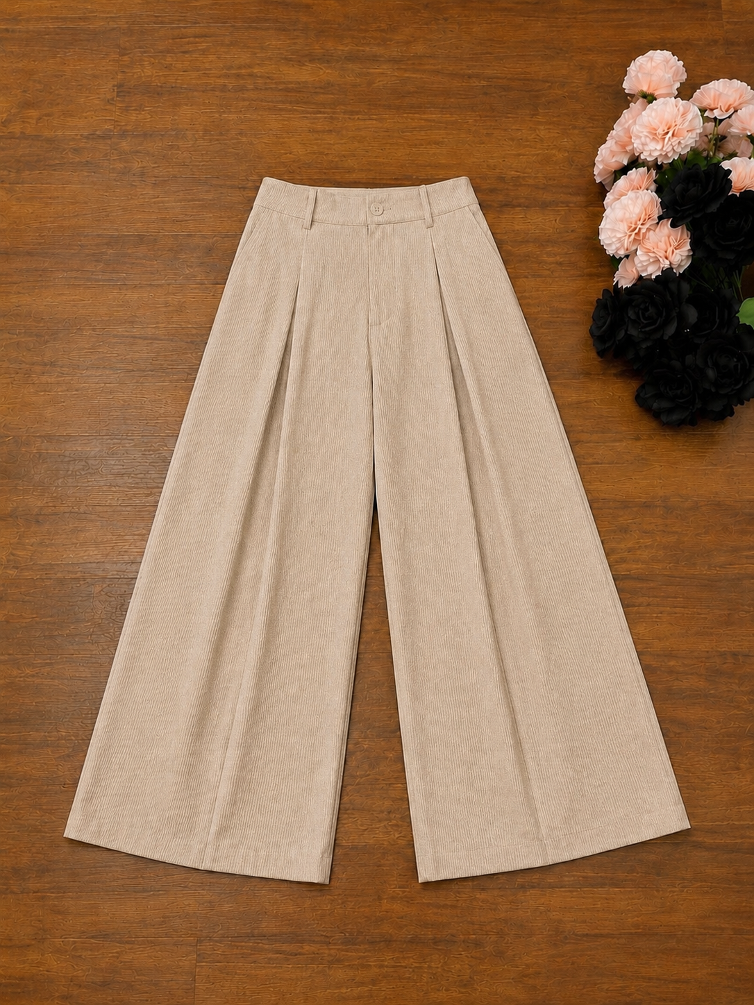 Elegant Beige Pleated Wide-Leg Trousers