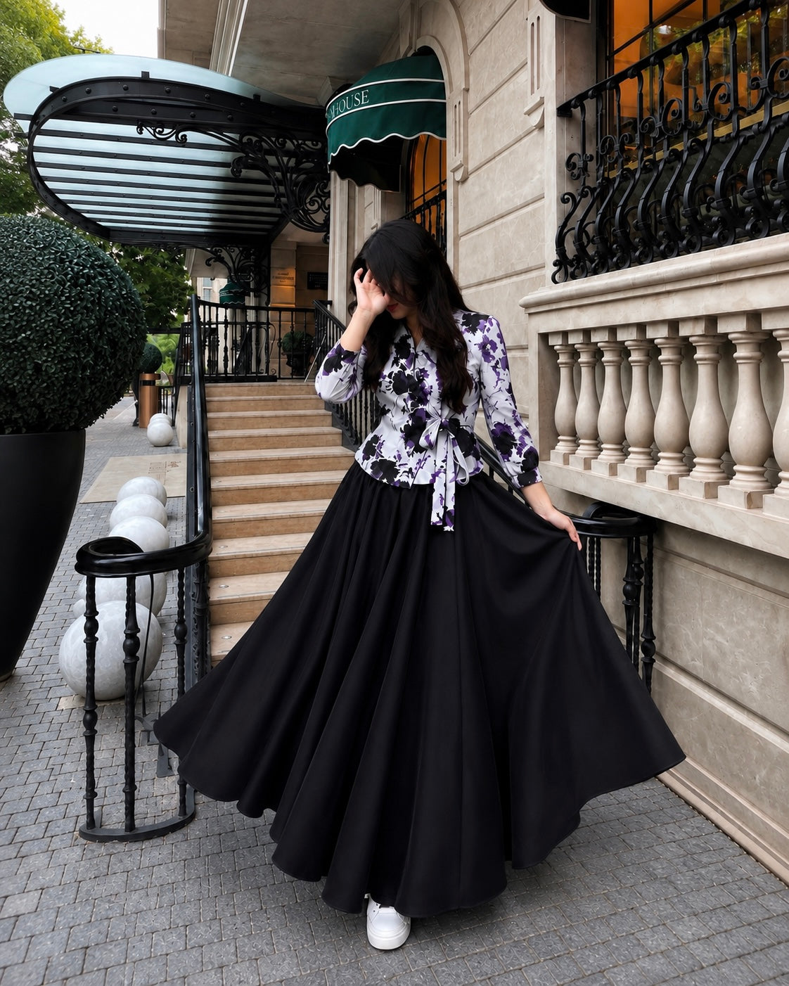 Midnight Bloom Floral Peplum Top & Flared Maxi Skirt Set