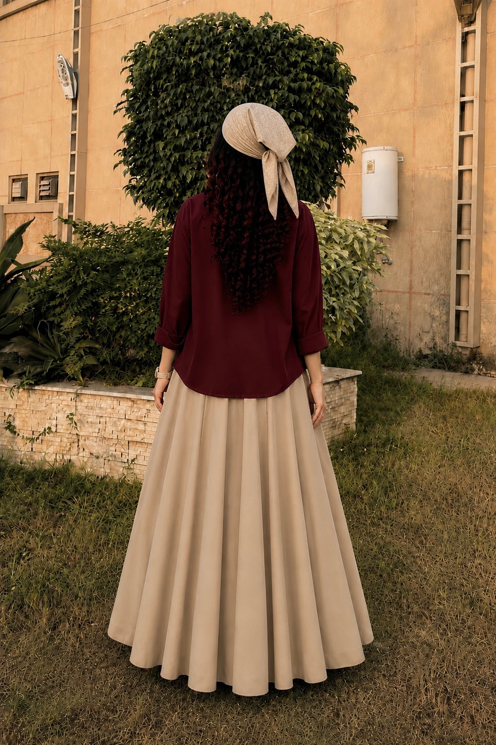 Maroon Beige Skirt &Shirt Co-Ord Set-