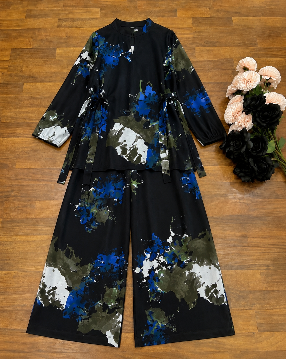 Midnight Bloom Printed Co-Ord Set – Black Peplum Top & Flared Trousers