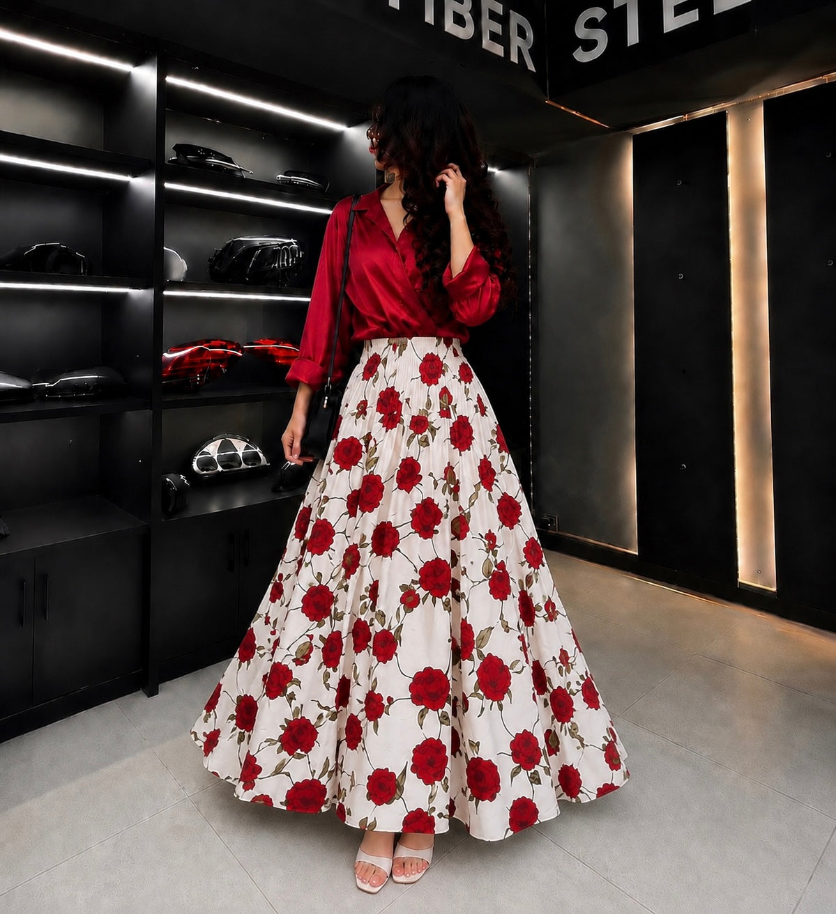Ruby Rose Shirt with Floral Flared Maxi Skirt