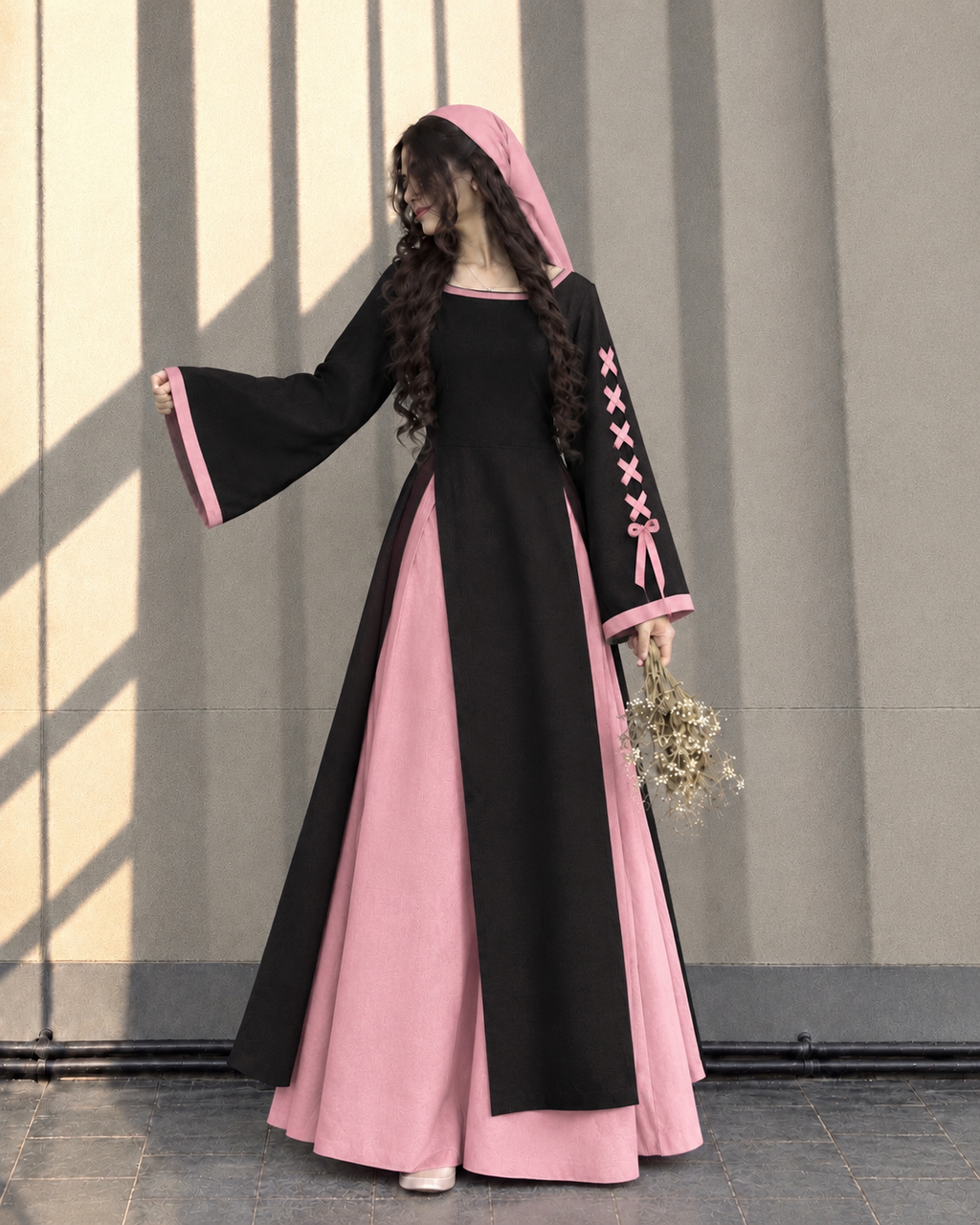 Rose Noir — Black & Pink Lace-Up Flare Dress