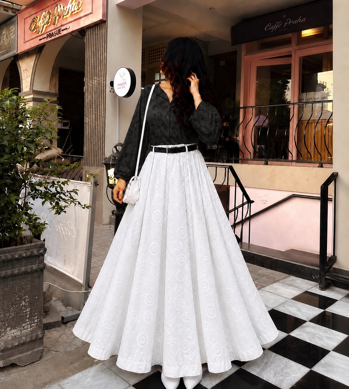 Elegant Black Chiken Kari Shirt with White Chiken Kari Flared Maxi Skirt