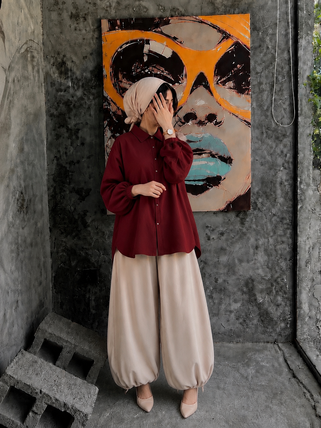 Maroon & Sand Modest Co-Ord Set-Balloon Trousers