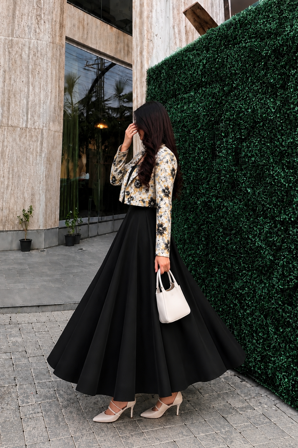 Midnight Bloom Floral Jacket & Flared Maxi Skirt Set