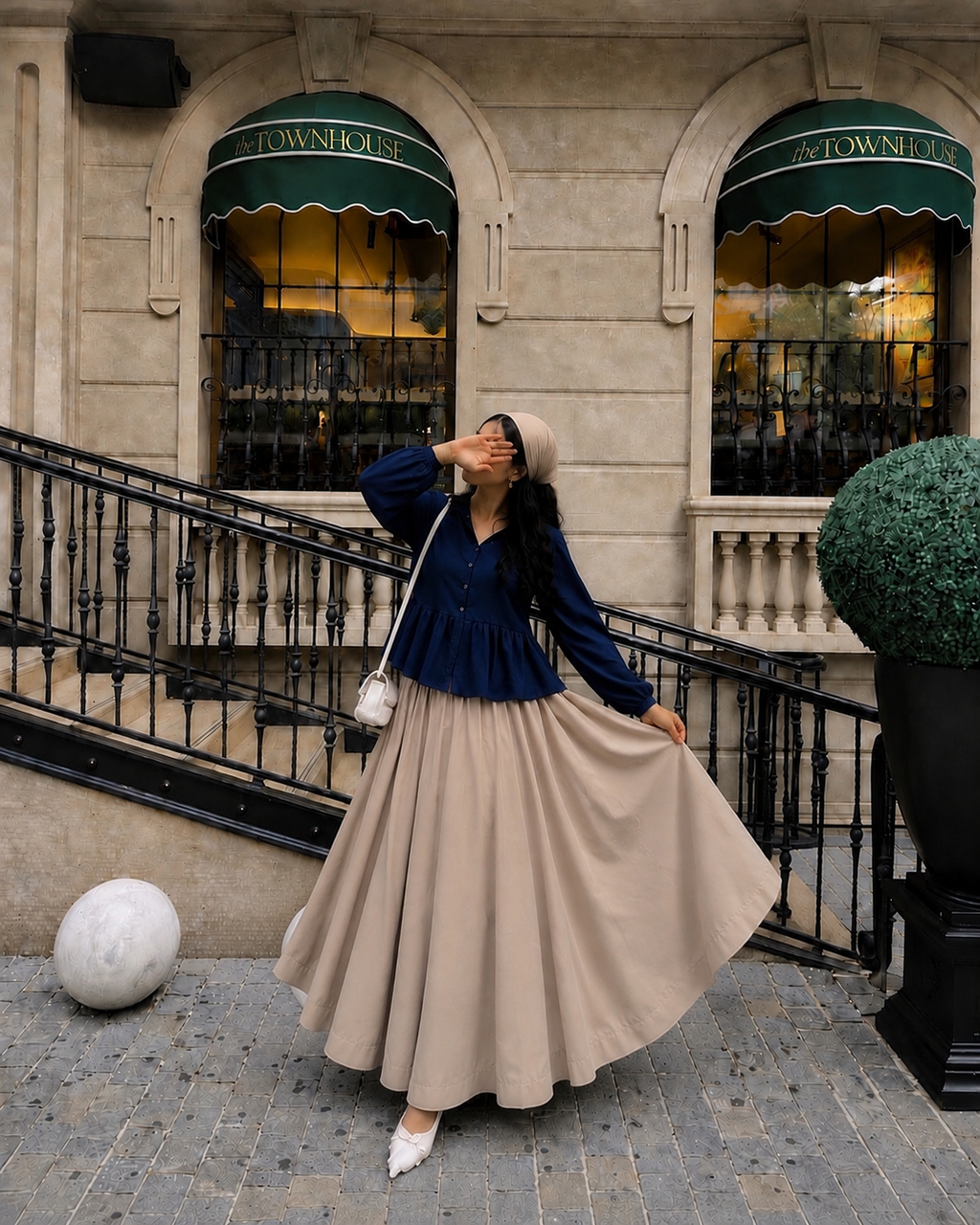 Midnight Grace – Navy Peplum Shirt with Flowing Beige Maxi Skirt