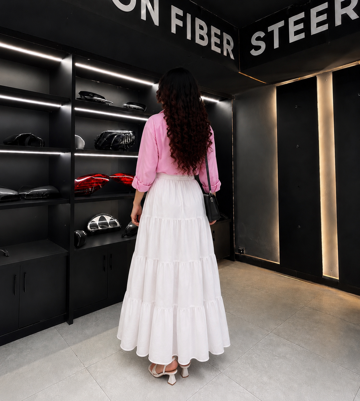 Blush Breeze Tie-Front Shirt with White Tiered Maxi Skirt Set