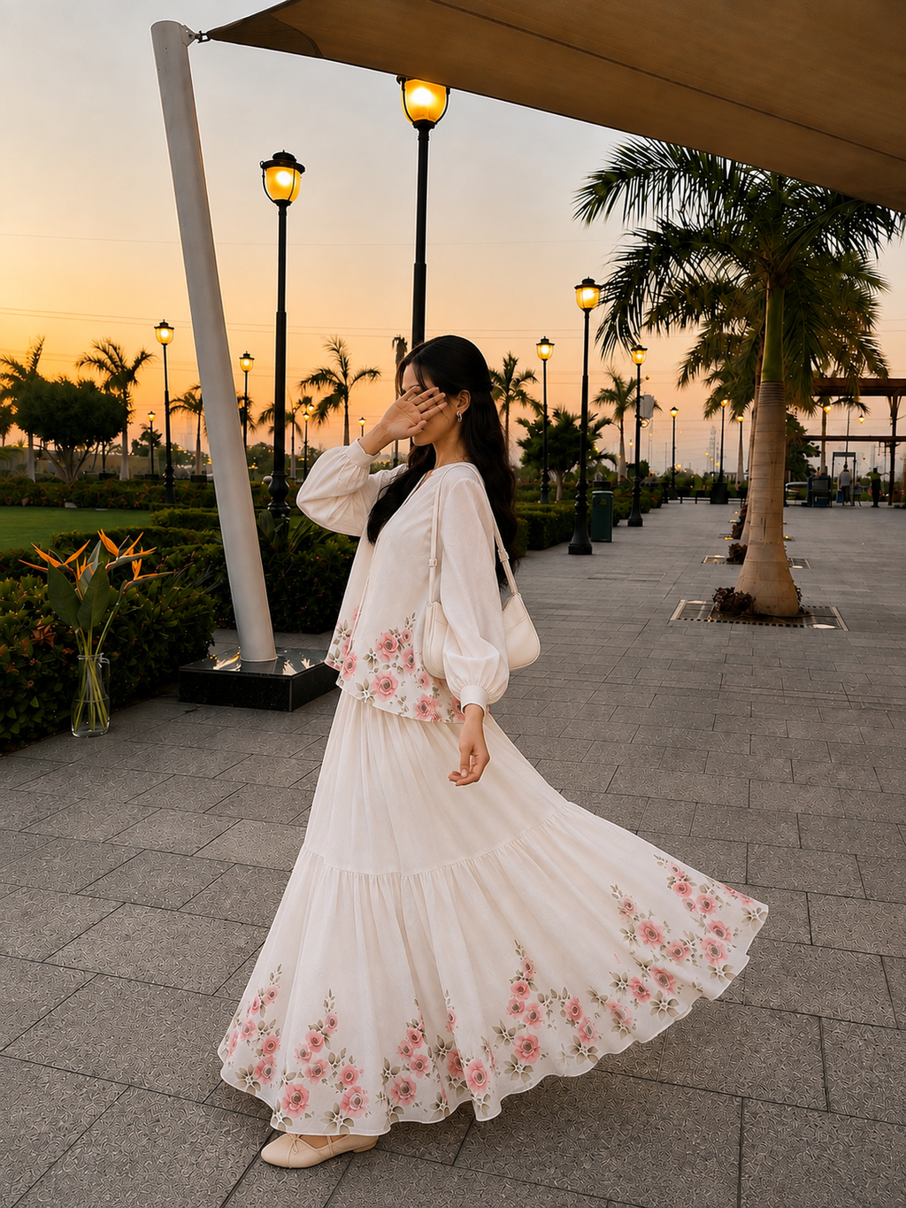 Rose Bloom White Floral Skirt & Shirt Set