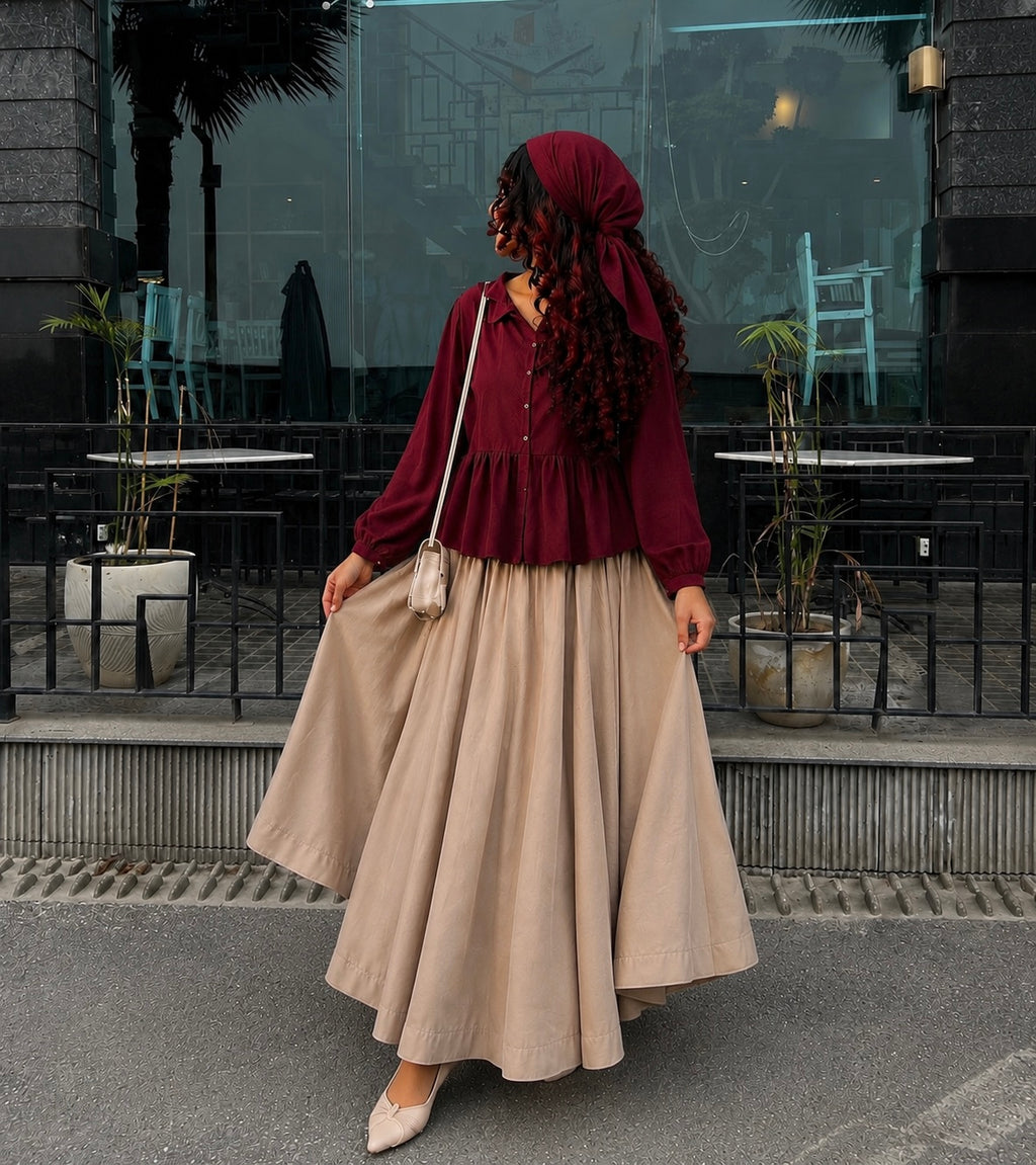 Maroon Peplum Shirt & Beige Flared Maxi Skirt Co-Ord Set
