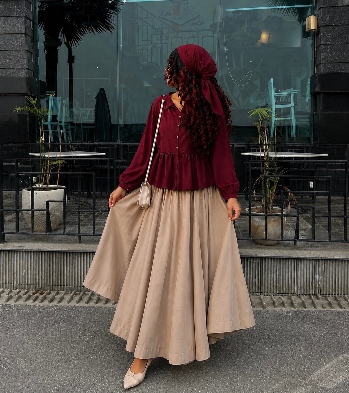 Maroon Peplum Shirt & Beige Flared Maxi Skirt Co-Ord Set