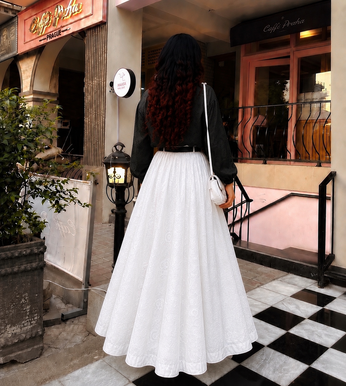 Elegant Black Chiken Kari Shirt with White Chiken Kari Flared Maxi Skirt