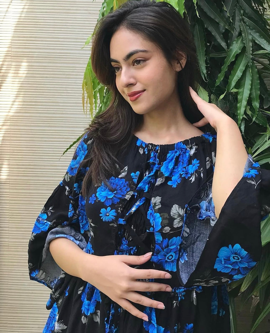 Midnight Bloom Blue Floral Top with Flared Sleeves
