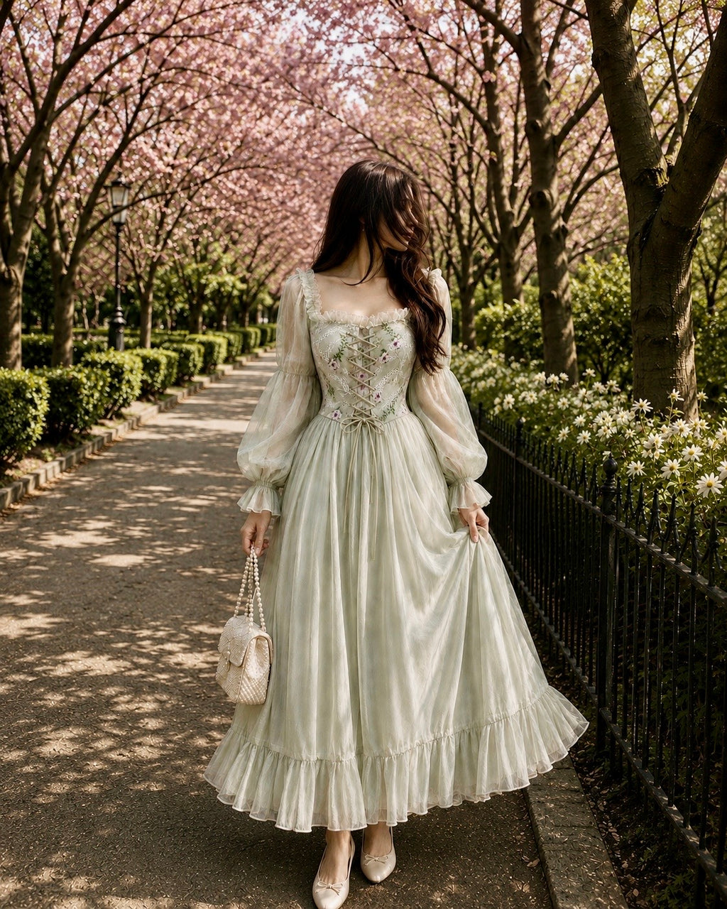Sage Garden Dream – Floral Corset Maxi Dress