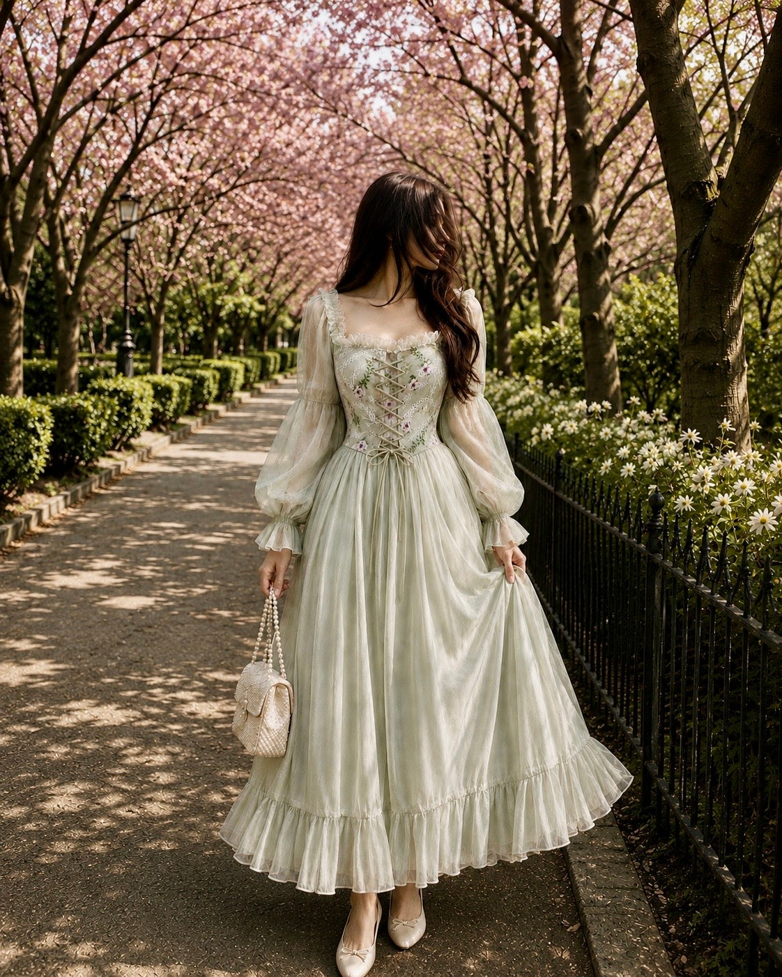 Sage Garden Dream – Floral Corset Maxi Dress