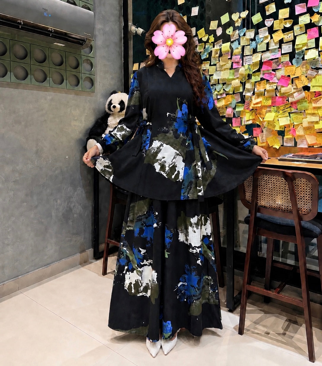 Midnight Bloom Printed Co-Ord Set – Black Peplum Top & Flared Trousers
