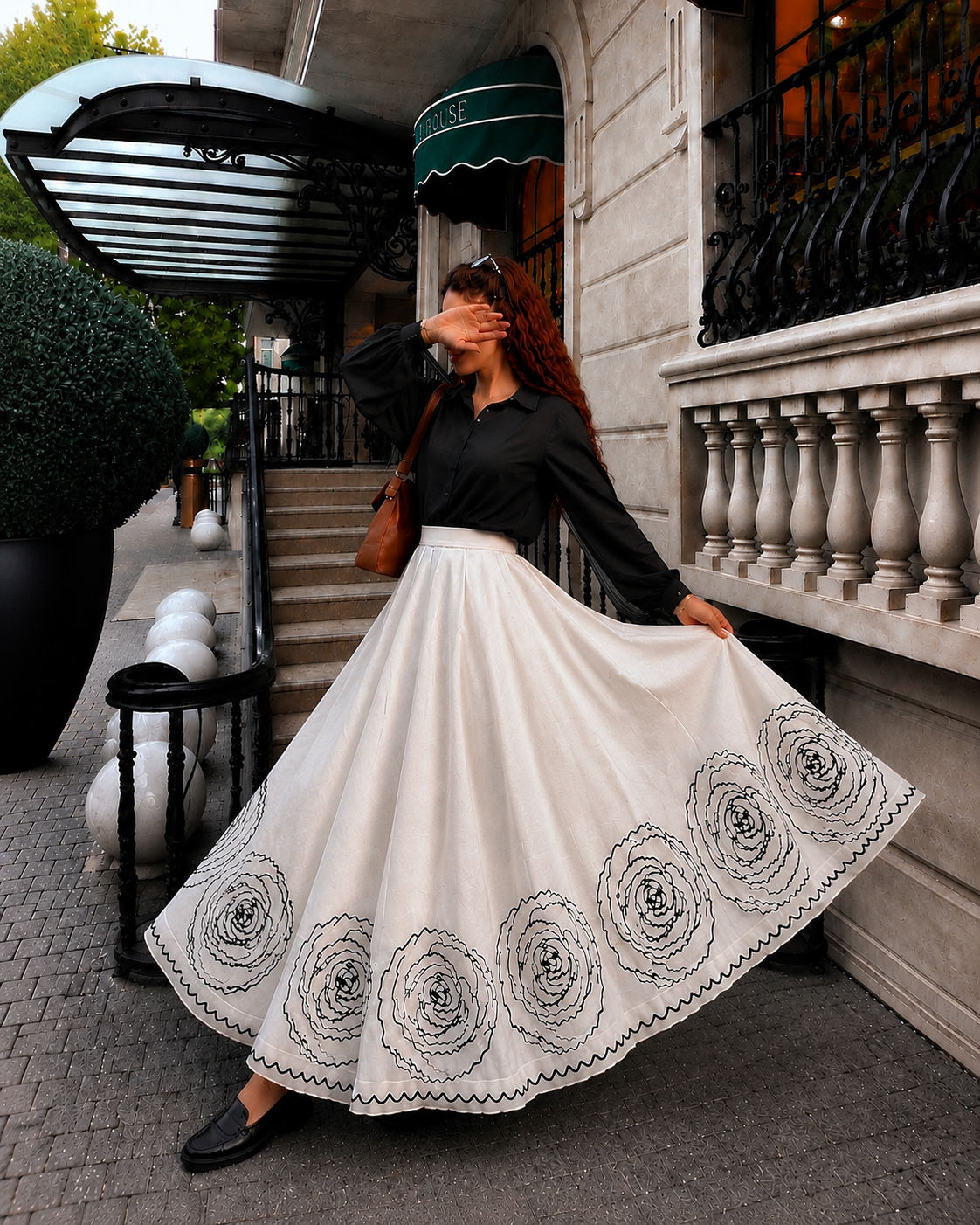 Midnight Bloom Black Shirt & White Floral Flare Skirt Co-Ord Set