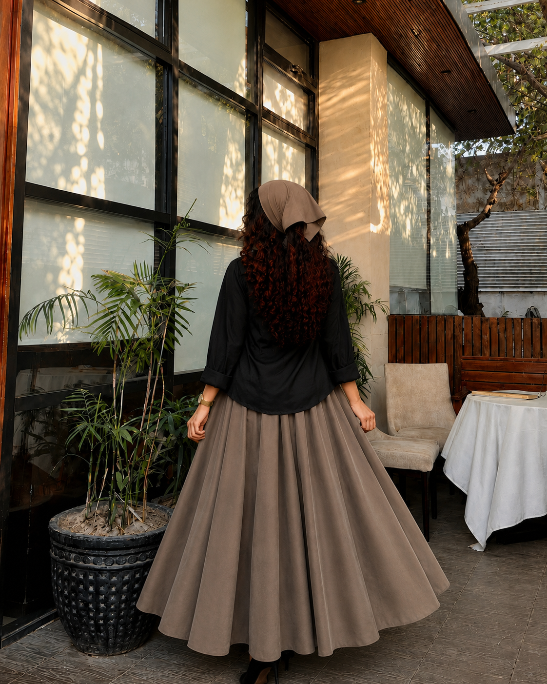 Taupe-Black Skirt& Shirt Co-Ord Set-