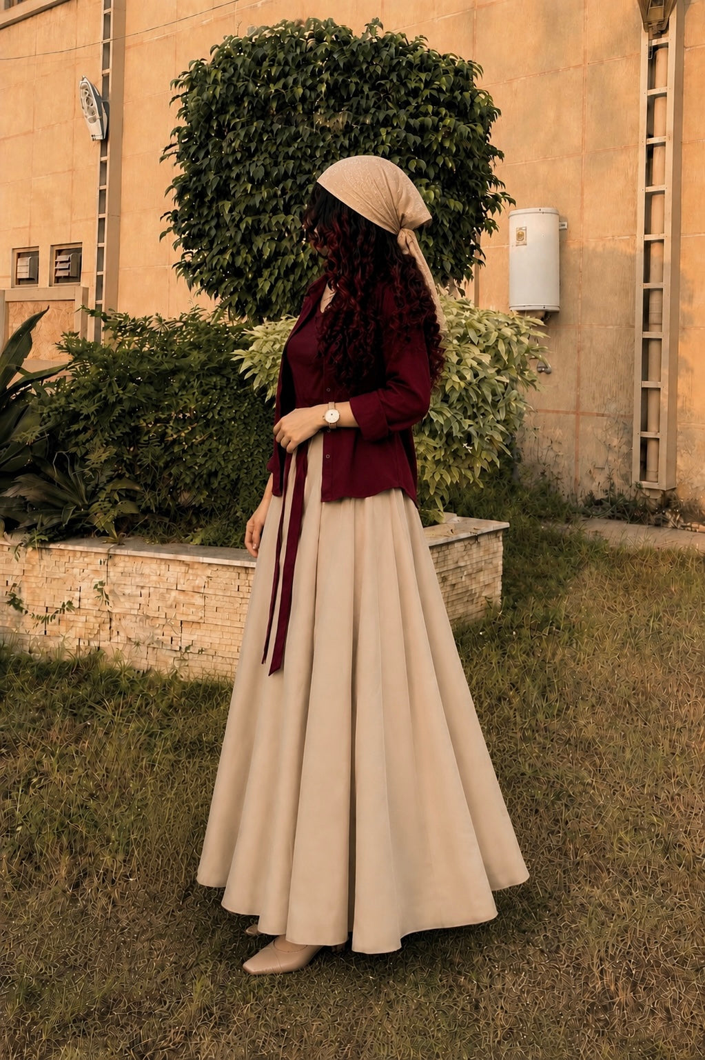 Maroon Beige Skirt &Shirt Co-Ord Set-