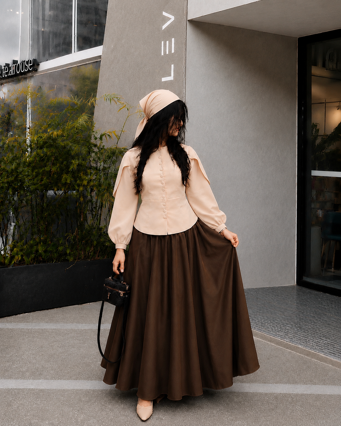 Mocha Grace Co-Ord Set – Beige Buttoned Top & Chocolate Brown Flare Skirt