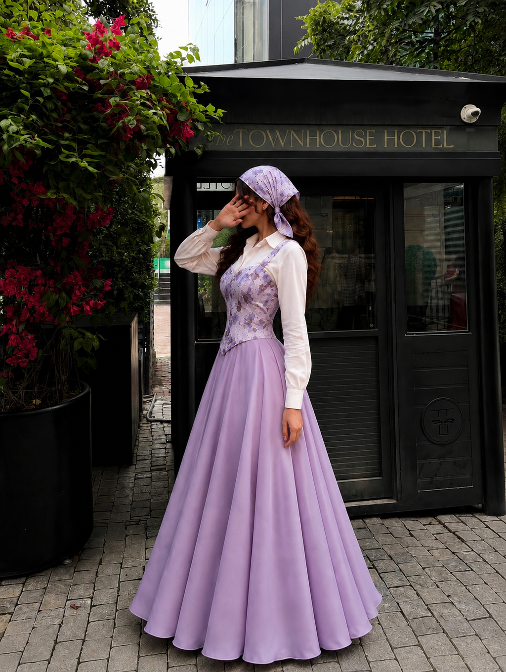 Lilac Bloom Corset & Flared Maxi Skirt Set with White Shirt