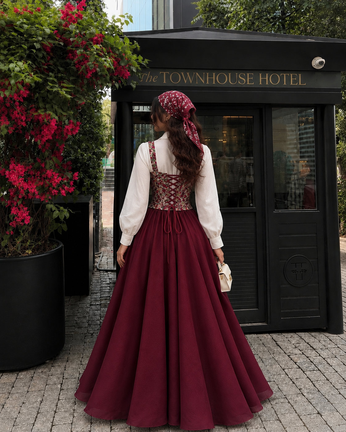 Burgundy Bloom Corset Maxi Dress
