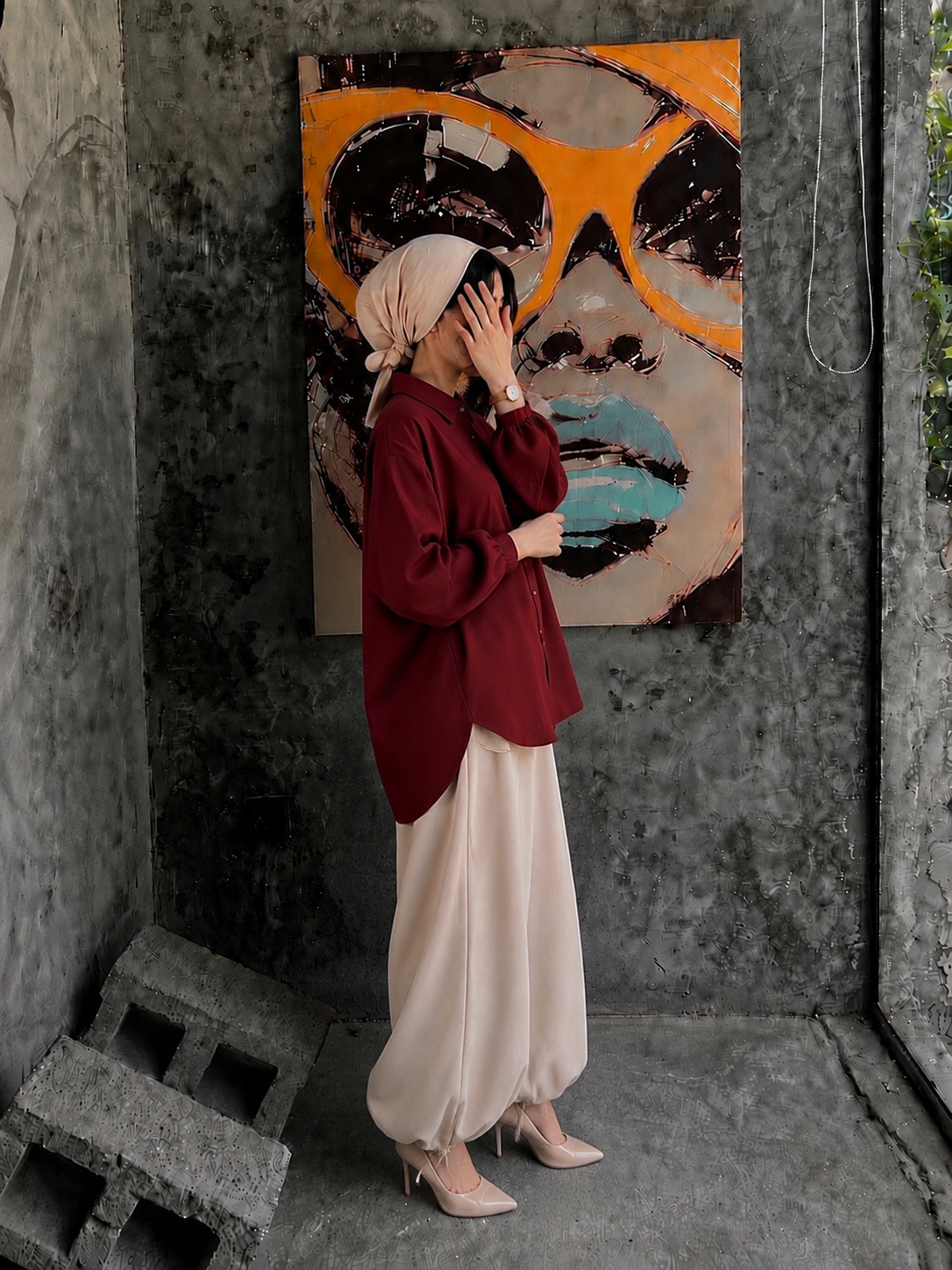 Maroon & Sand Modest Co-Ord Set-Balloon Trousers