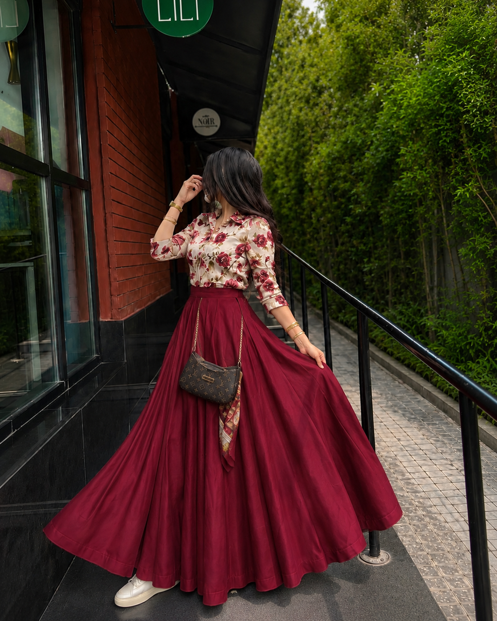 Burgundy Bloom Maxi Skirt Set