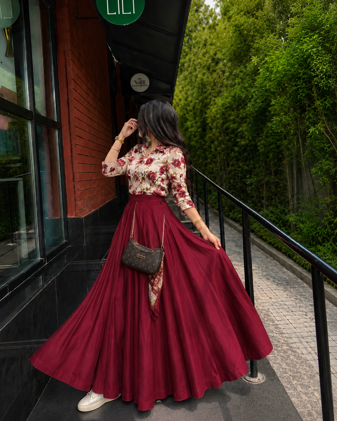Burgundy Bloom Maxi Skirt Set